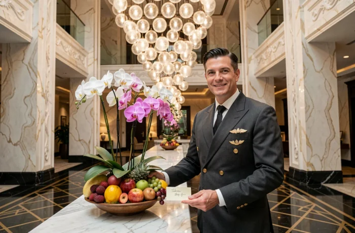 Concierge d'hôtel de luxe 6 étoiles présentant un arrangement d'accueil dans un lobby en marbre et onyx
