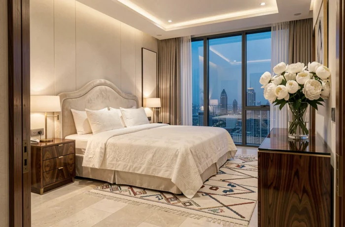 Suite luxueuse d'un hôtel 6 étoiles avec lit king-size en lin brodé et vue panoramique sur une métropole au crépuscule