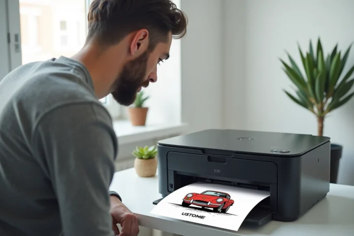 Homme récupérant un dessin de voiture avec plaque personnalisée sorti d'une imprimante à domicile