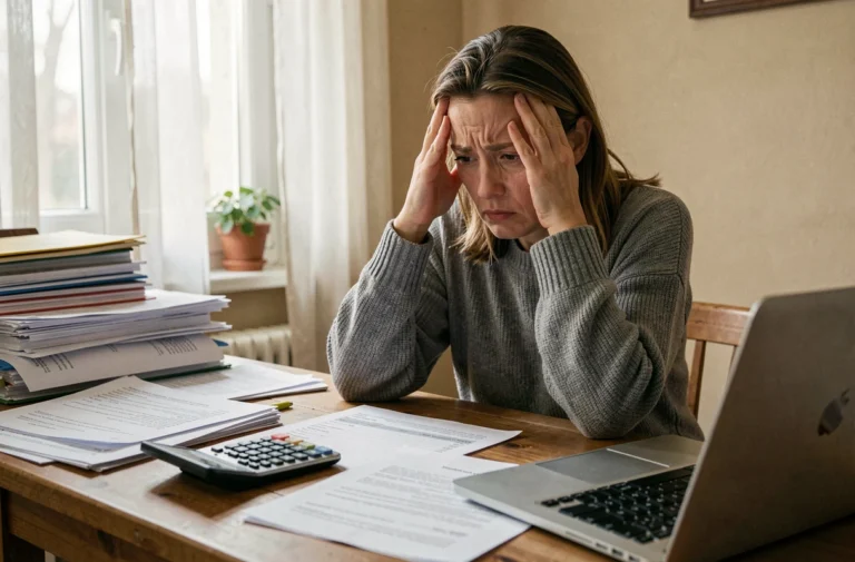 Femme stressée face aux documents financiers d'un achat immobilier à domicile