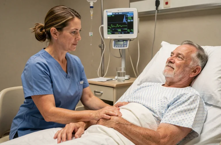Infirmière accompagnant un patient âgé dans la gestion de la douleur en milieu hospitalier