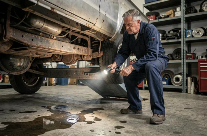 Mécanicien inspectant le dessous d'un pick-up 4x4 d'occasion soulevé sur un pont hydraulique dans un garage indépendant
