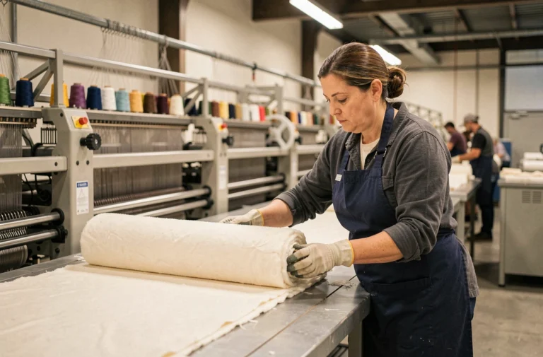 Ouvrière textile inspectant un rouleau de tissu en coton brut dans une usine de production moderne