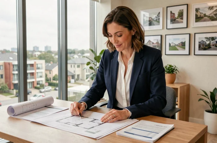 Femme investisseuse immobilière analysant des documents et plans d'un bien locatif dans un bureau moderne