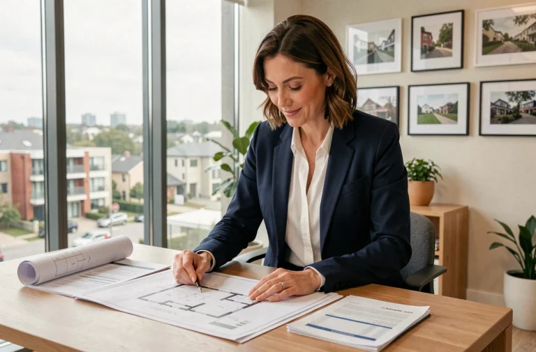 Femme investisseuse immobilière analysant des documents et plans d'un bien locatif dans un bureau moderne