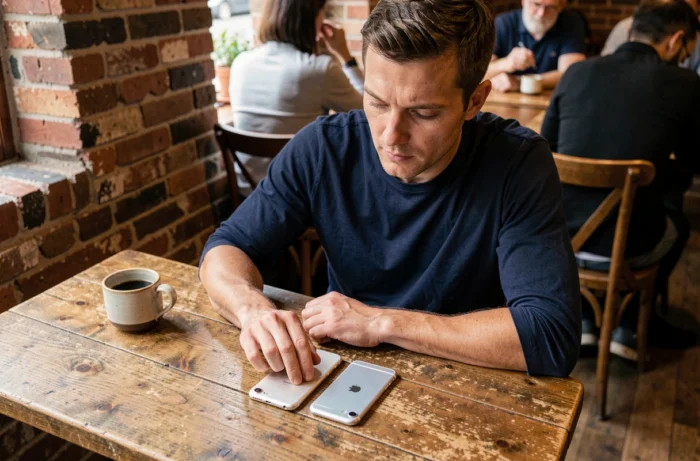 Homme assis dans un café évaluant les différences entre l'iPhone 7 et l'iPhone 7 Plus posés sur une table en bois