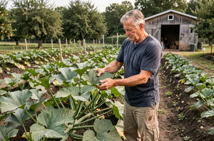 Jardinier expérimenté inspectant les feuilles d'un plant de courgette dans un grand potager en plein air