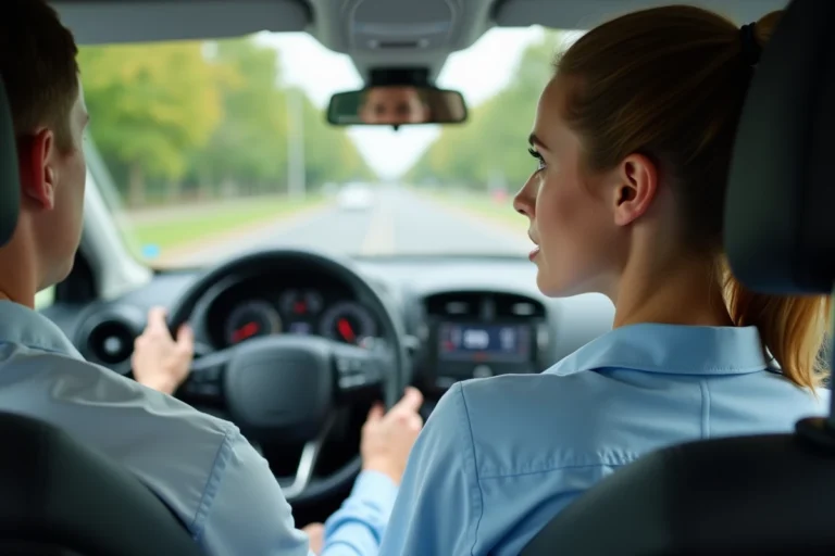 Jeune femme concentrée au volant d'une voiture lors d'une leçon de conduite pour préparer son permis de conduire