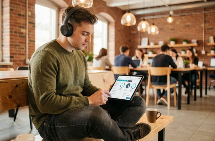 Jeune professionnel suivant une formation en ligne sur tablette dans un espace de coworking moderne