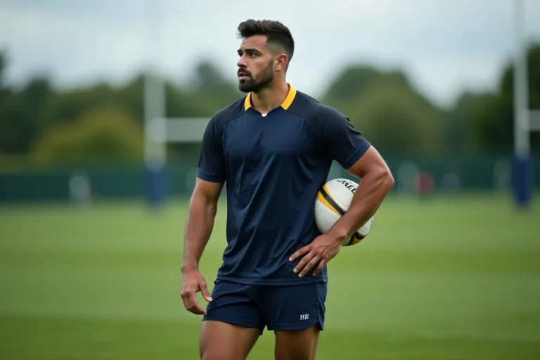 Joueur de rugby professionnel en tenue d'entraînement sur le terrain de l'ASM Clermont, ballon sous le bras, regard concentré vers l'horizon