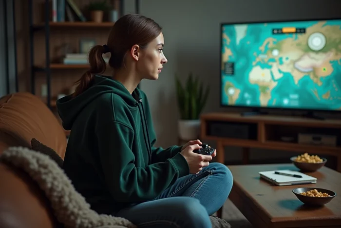 Jeune femme jouant à Unicorn Overlord sur canapé avec une manette, planifiant ses choix pour obtenir la véritable fin