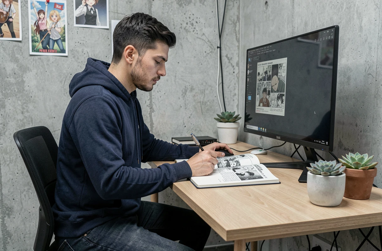 Homme lisant des mangas sur grand écran dans un bureau à domicile minimaliste et organisé