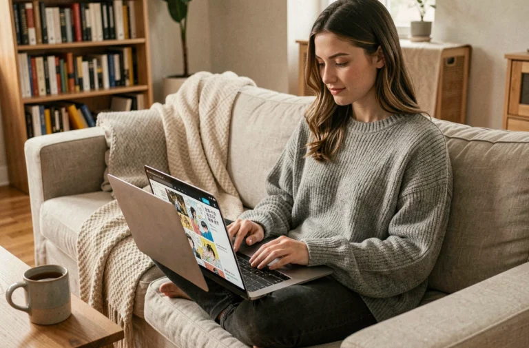 Jeune femme lisant des mangas en ligne sur un ordinateur portable dans un salon cosy et moderne