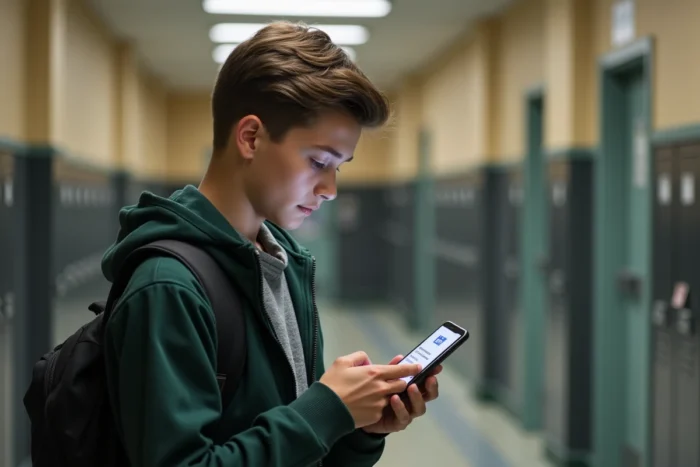 Lycéen consultant son accès permanent au compte Arena id.ac-versailles.fr sur smartphone dans un couloir scolaire