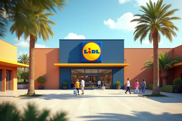 Devanture d'un magasin Lidl en Corse avec des palmiers et une architecture méditerranéenne