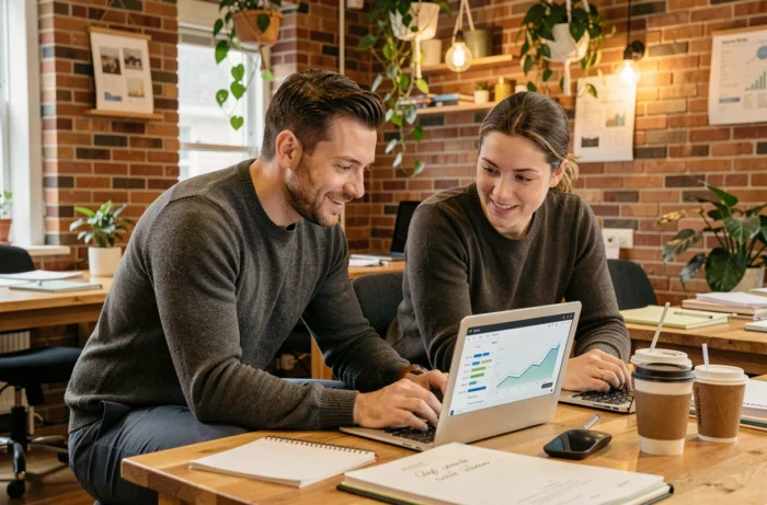 Manager homme accompagnant un collaborateur devant un ordinateur portable dans un espace de coworking chaleureux