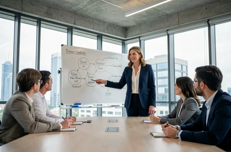 Manager femme présentant une stratégie à son équipe dans une salle de réunion moderne pour développer le leadership