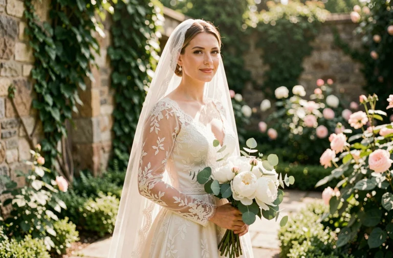 Mariée en robe de dentelle ivoire tenant un bouquet de pivoines blanches dans un jardin botanique fleuri au printemps