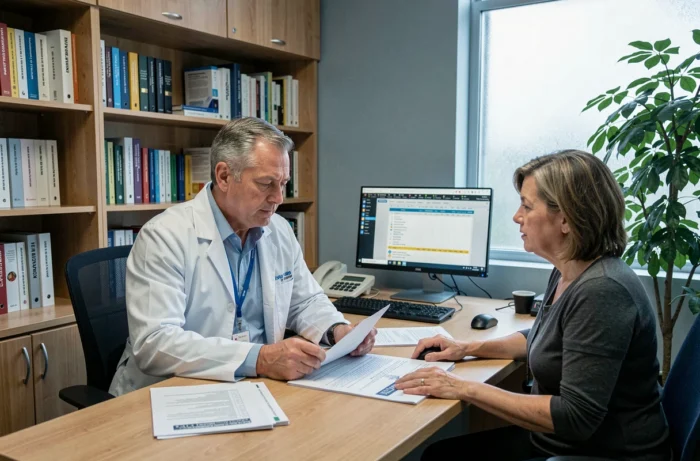 Médecin consultant une patiente pour l'évaluation et la prise en charge de la douleur chronique