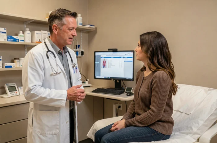 Médecin en consultation avec une patiente dans un cabinet médical moderne