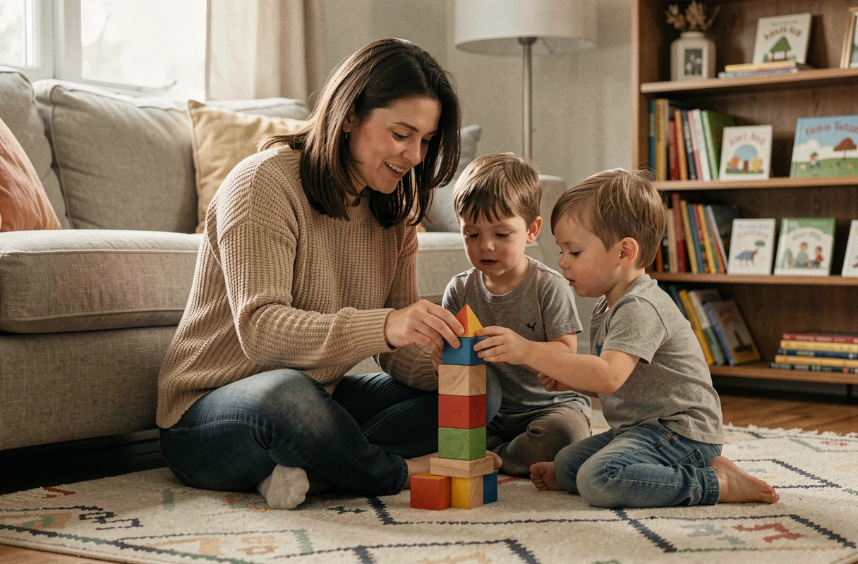Mère et enfants jouant ensemble sur un tapis du salon en construisant une tour de cubes en bois colorés, moment de complicité familiale au quotidien