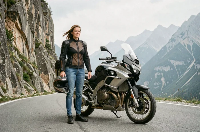 Motarde expérimentée en tenue de route debout près d'une moto de tourisme sur une route de montagne sinueuse