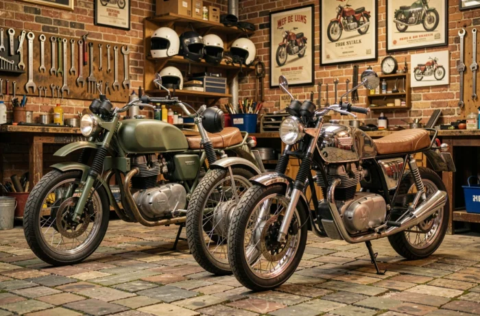 Deux motos classiques scrambler et café racer côte à côte dans un atelier en briques avec outils et affiches vintage
