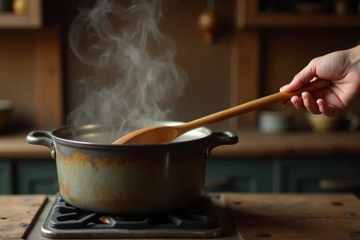Cuillère en bois posée en travers d'une casserole fermée sur le feu avec une main qui s'en éloigne délibérément pour illustrer l'interdiction de remuer le riz