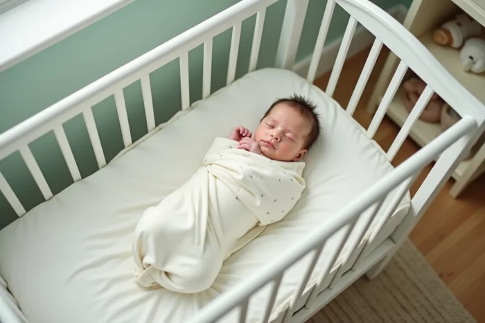 Nouveau-né endormi dans un berceau en bois blanc dans une chambre de bébé soigneusement préparée avec des accessoires de puériculture