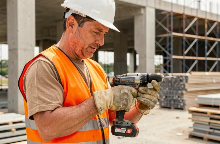 Ouvrier du bâtiment examinant une perceuse sans fil sur un chantier de construction, équipé d'un casque et d'un gilet de sécurité orange