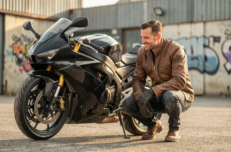 Passionné de moto en veste cuir marron accroupi près d'une moto sport noire dans un décor urbain industriel