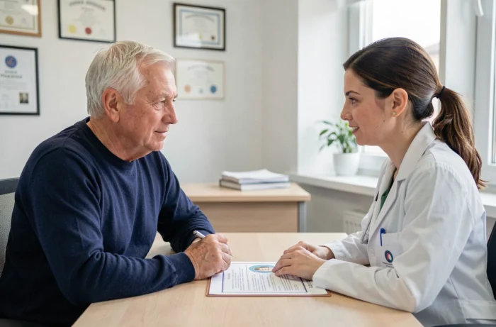 Patient senior consultant son médecin sur les risques et contre-indications d'Argel 7 lors d'une consultation médicale