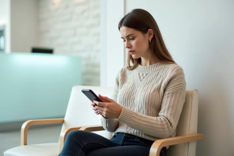 Patiente dans une salle d'attente de cabinet dentaire consultant des avis en ligne sur son smartphone