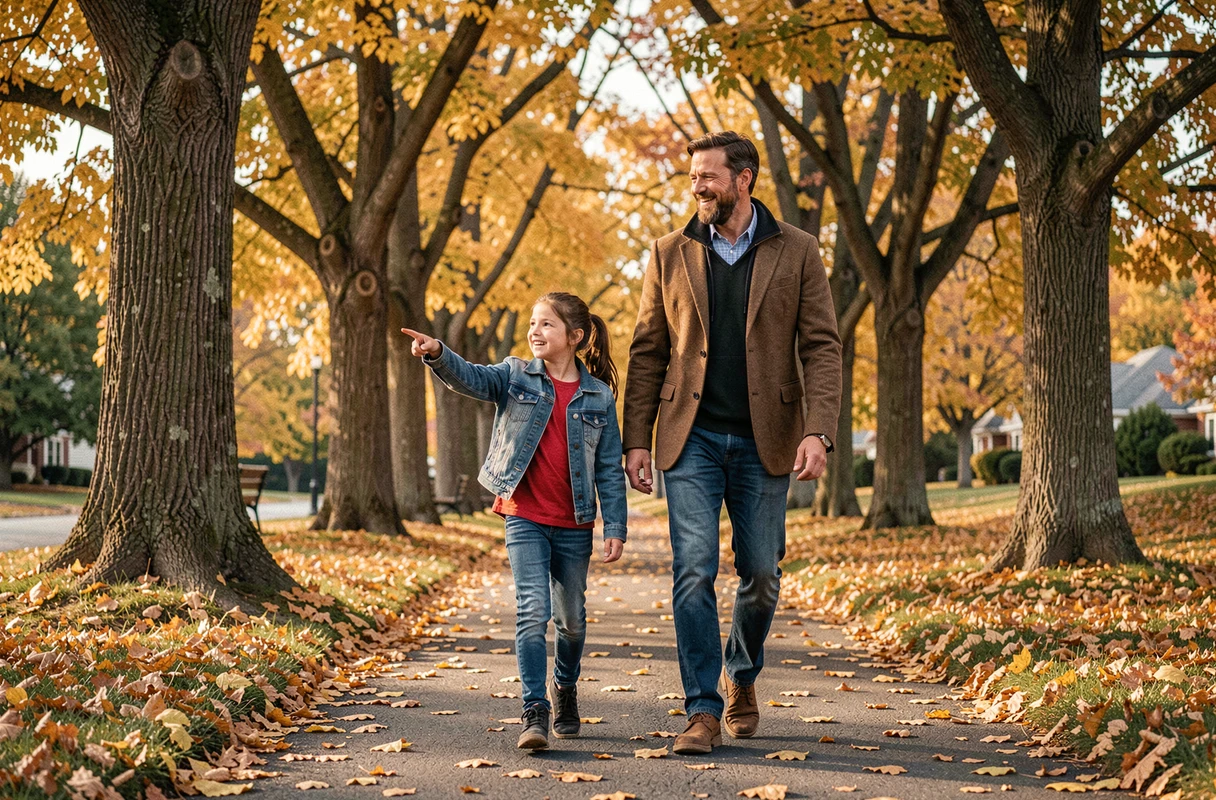Père et fille se promenant dans un parc en automne parmi les feuilles dorées, moment de partage et de complicité familiale en plein air