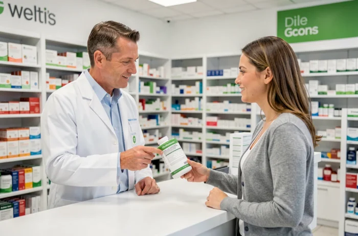 Pharmacien expliquant les contre-indications d'un supplément à une cliente dans une pharmacie moderne