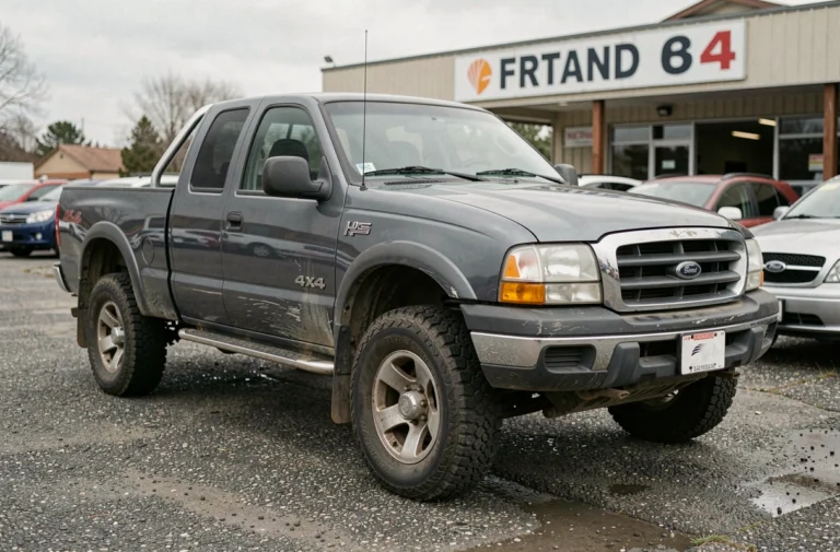 Pick-up 4x4 d'occasion garé sur un parking de concessionnaire avec des marques d'usure visibles sur la carrosserie grise