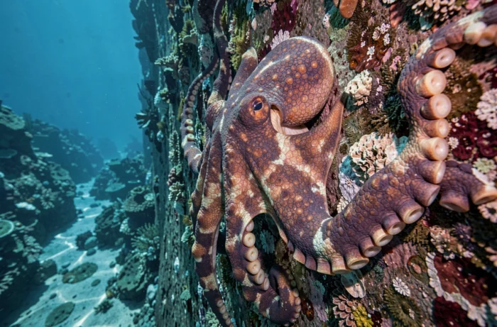 Pieuvre géante du Pacifique accrochée à un récif sous-marin, peau texturée aux reflets mauves et orangés