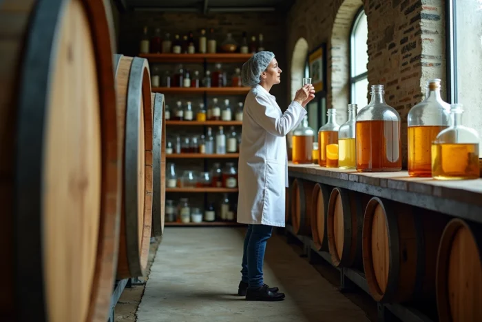 Femme technicienne inspectant un échantillon de vinaigre dans une installation de production artisanale avec des fûts en chêne et des bouteilles en verre
