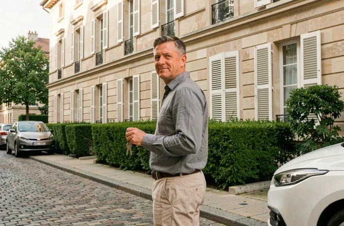 Propriétaire bailleur tenant les clés devant un immeuble résidentiel rénové dans une rue urbaine