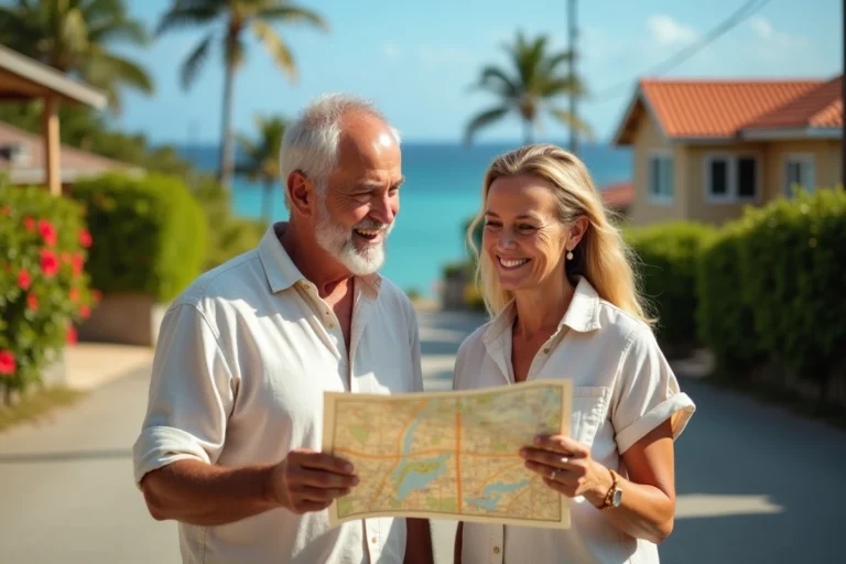 Couple explorant un quartier résidentiel calme aux abords de Nouméa avec des bungalows tropicaux et un lagon en arrière-plan