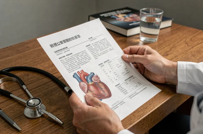 Mains de cardiologue tenant un rapport d'échocardiographie et un schéma anatomique du cœur illustrant l'amylose cardiaque sur un bureau médical