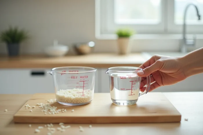 Deux tasses graduées transparentes côte à côte montrant le ratio précis d'un volume de riz pour un volume et demi d'eau sur un plan de travail en bois clair