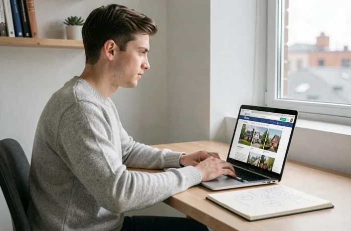 Jeune homme recherchant un projet immobilier en ligne depuis son bureau