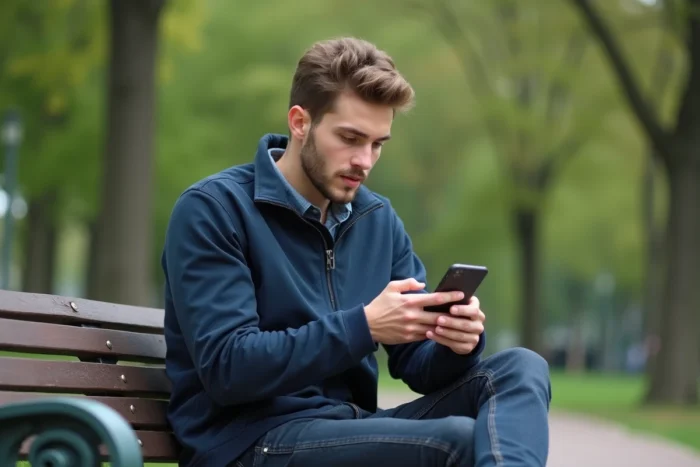 Jeune homme dans un parc recherchant sur internet le propriétaire d'un numéro de téléphone mobile inconnu