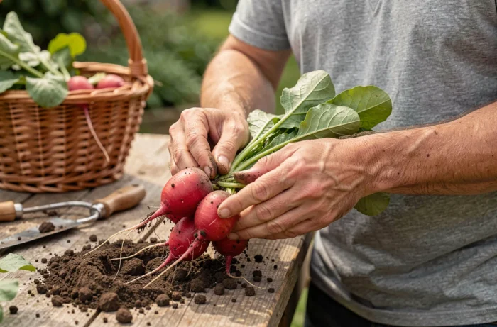 Mains récoltant des radis frais du sol avec panier de légumes sur un établi de jardin en bois