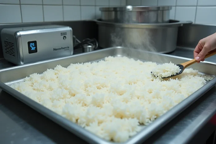 Riz cuit étalé sur une plaque en métal avec une spatule et un thermomètre de cuisine mesurant la température pour refroidir rapidement le riz et prévenir le risque bactérien