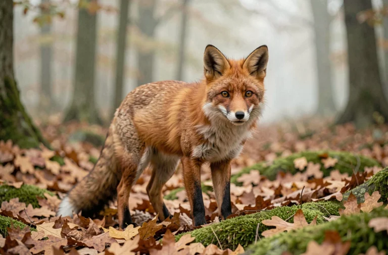 Renard roux sauvage dans une clairière forestière automnale, regard alerte et fourrure détaillée