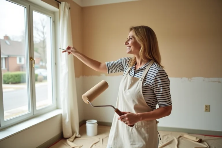 Femme en train de peindre un mur de salon en beige lors d'une rénovation intérieure maison