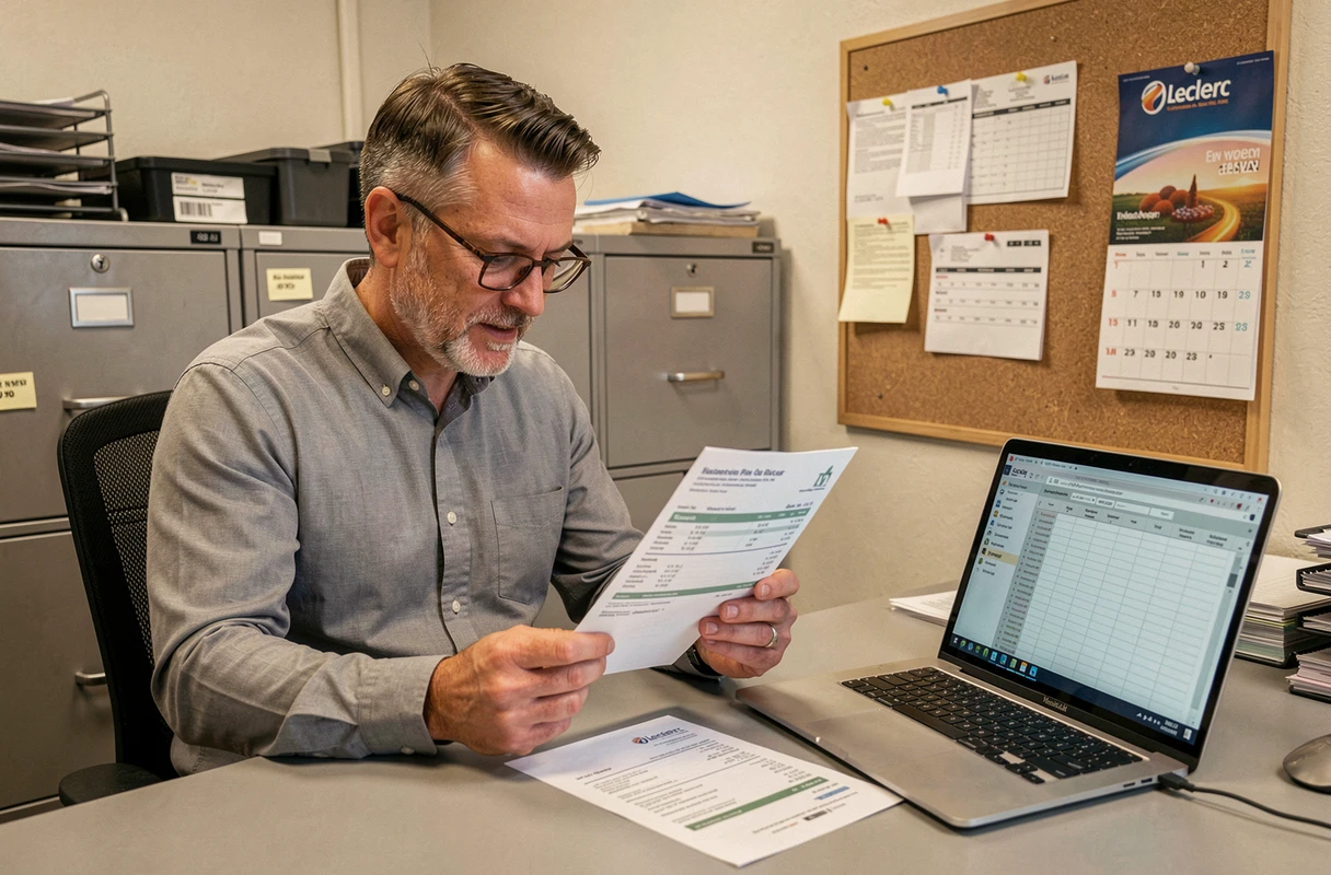 Responsable Leclerc analysant une fiche de paie avec prime de 13ème mois dans un bureau
