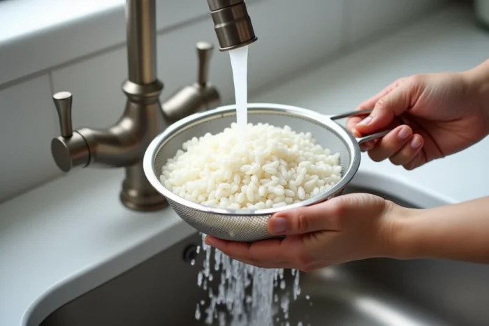 Mains rinçant du riz blanc dans une passoire fine sous un robinet avec l'eau trouble qui s'écoule progressivement vers une eau claire dans l'évier